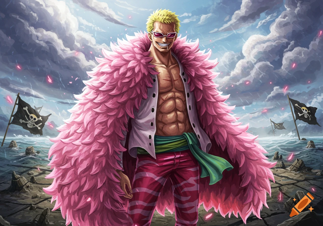 Doflamingo, a muscular blonde man in pink sunglasses and a large pink feathered coat, stands shirtless on cracked earth by a stormy sea with pirate flags.