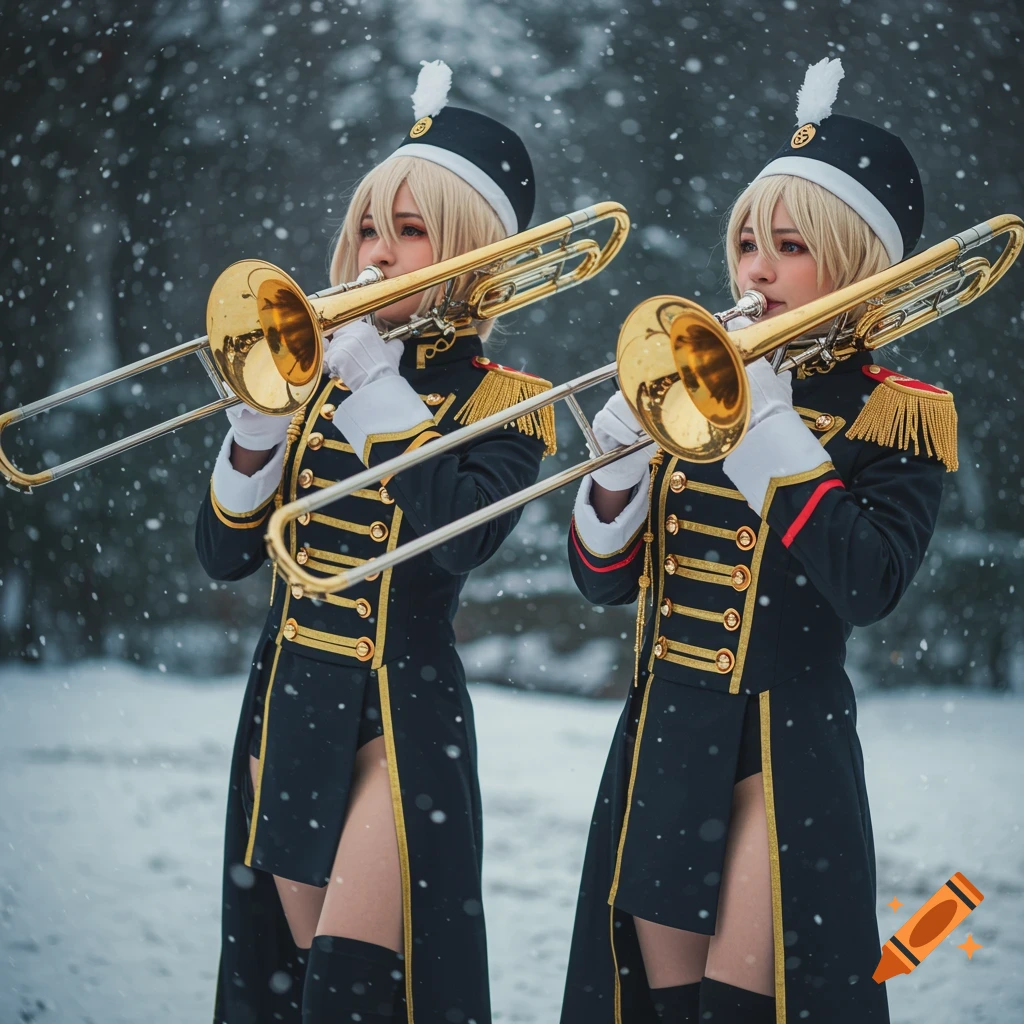 Two young women in military-style uniforms play trombones in a snowy winter setting, photorealistic.
