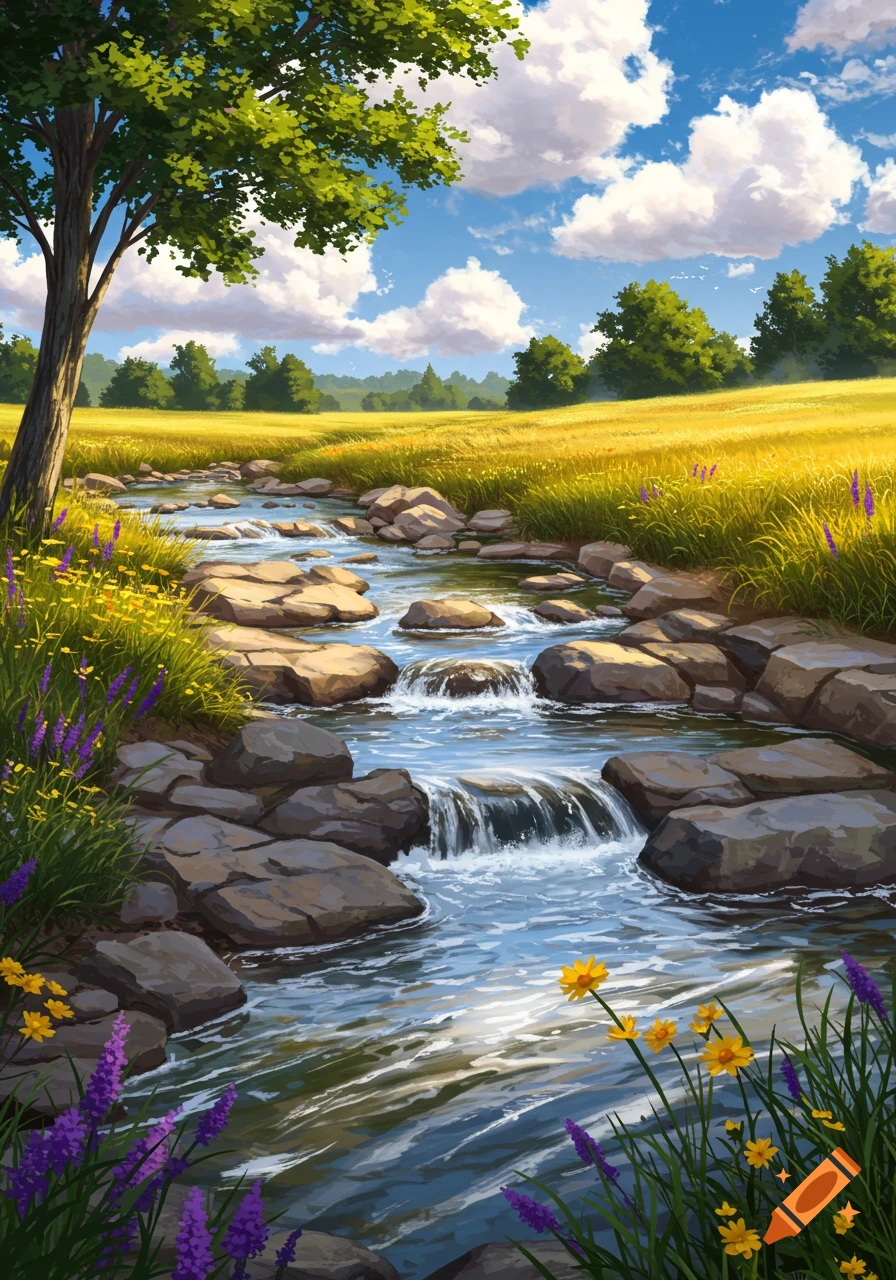 Vibrant painting of a rocky river flowing through a golden field with green trees under a bright blue sky with clouds.
