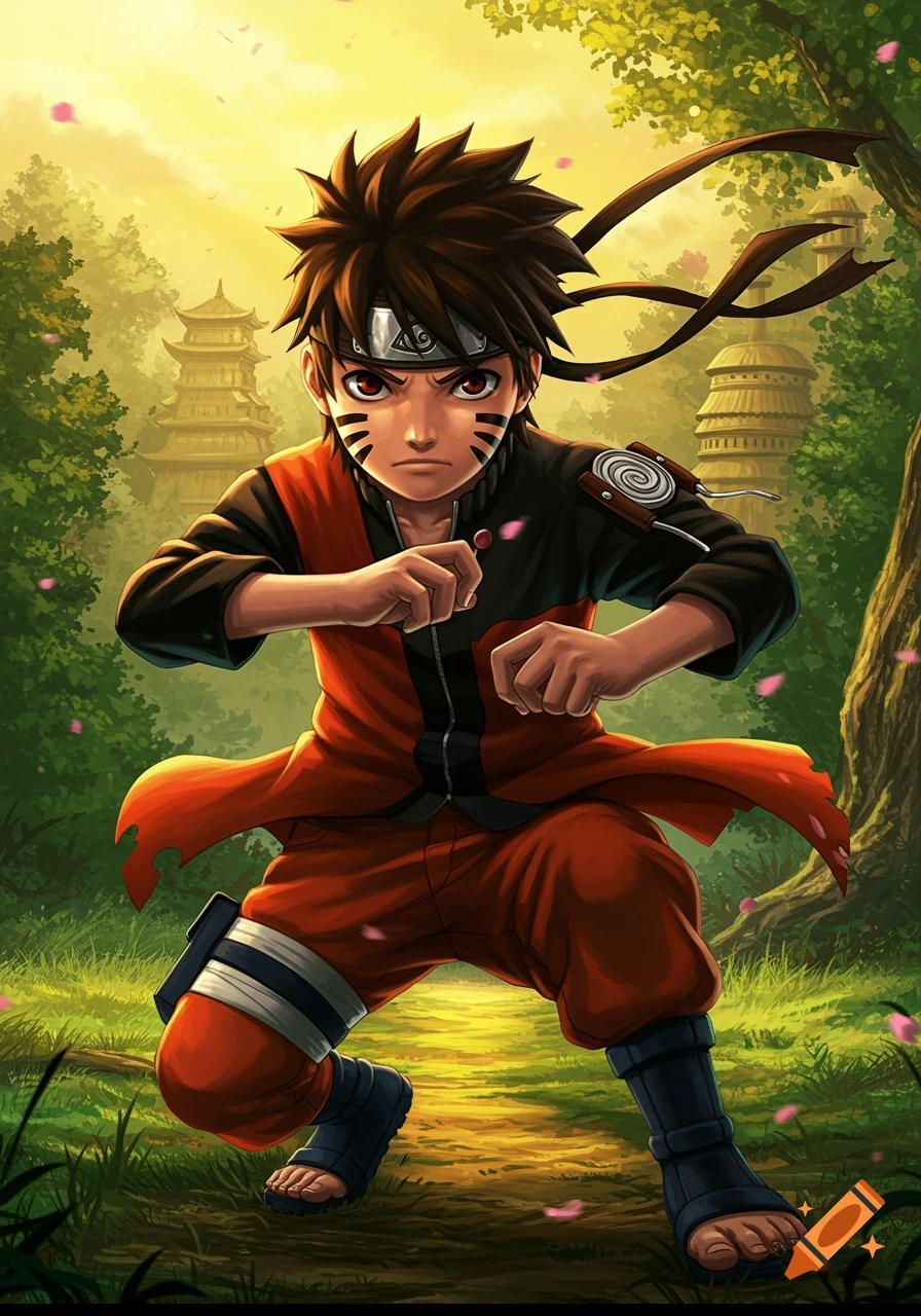Anime boy in orange and black, resembling Naruto, in a fighting stance within a sunlit forest with pagodas.