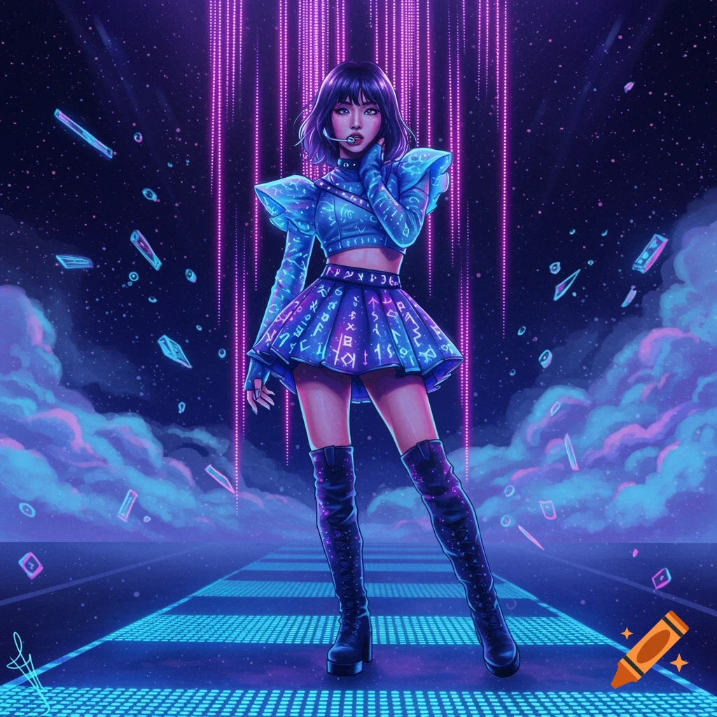 A cyberpunk kpop idol stands on a neon-lit stage under falling purple light streaks, wearing a blue crop top and skirt with glowing symbols, and knee-high boots.