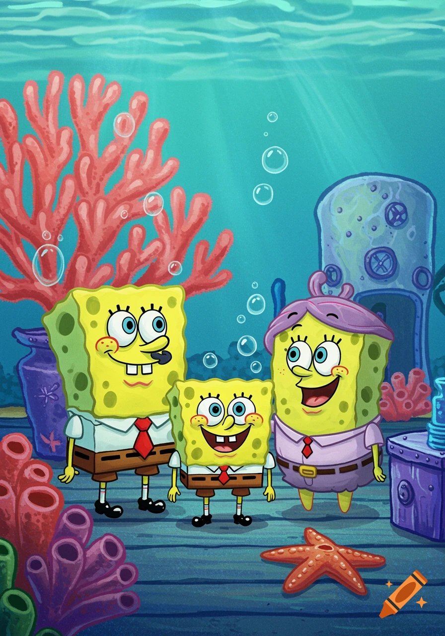 Three cartoon Spongebob-like characters, an adult male, a child, and an adult female, stand smiling underwater with coral.