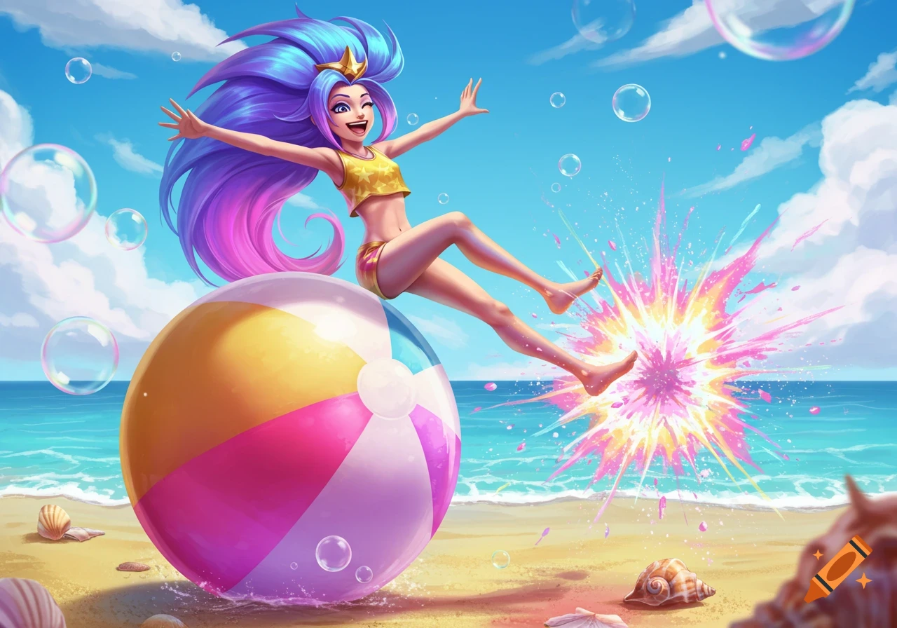Anime-style Zoe from League of Legends joyfully sits on a bursting beach ball on a sunny beach with bubbles.