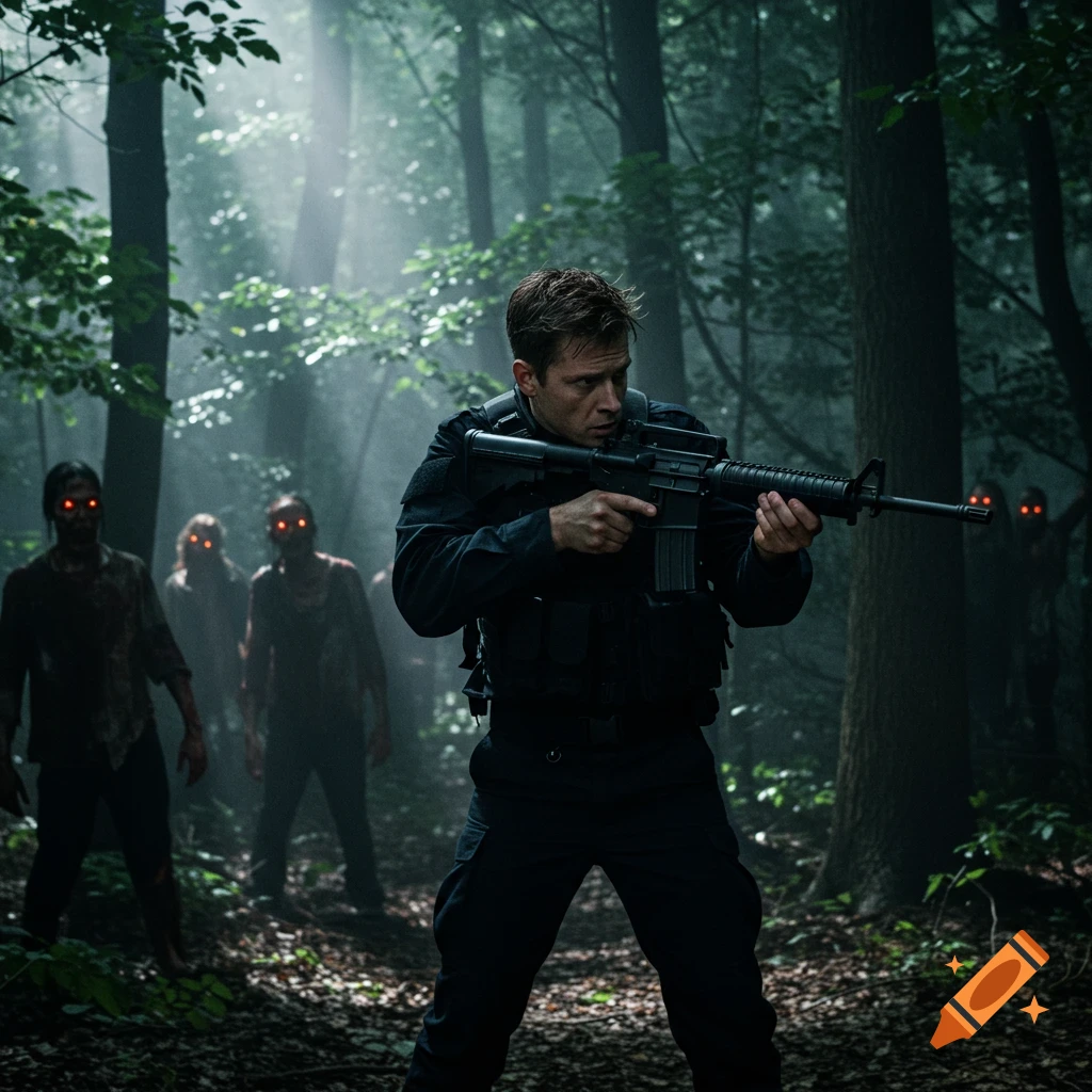 A man in tactical gear holds a rifle, facing glowing red-eyed zombies in a misty, dark forest. Photorealistic.