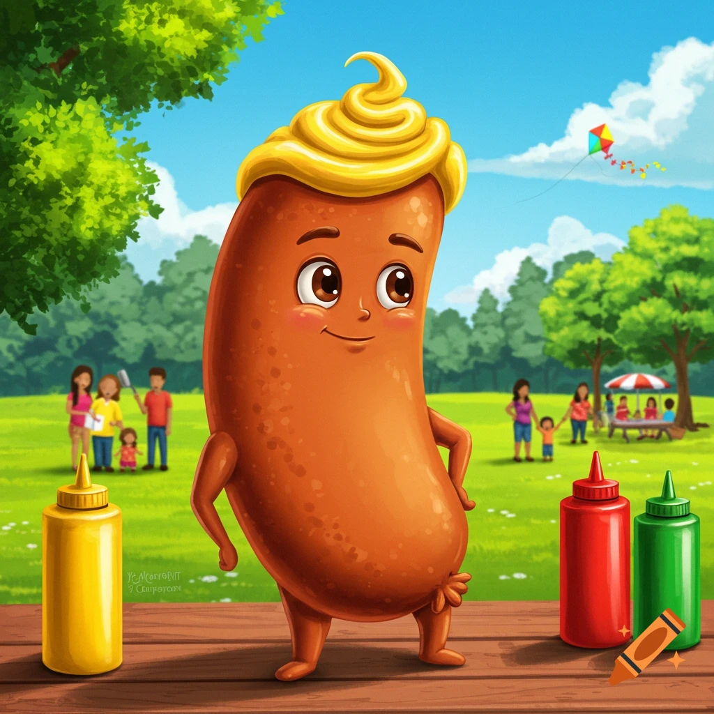 A cartoon bratwurst character with a smiley face and mustard for hair stands on a picnic table in a park, with condiments and people in the background.