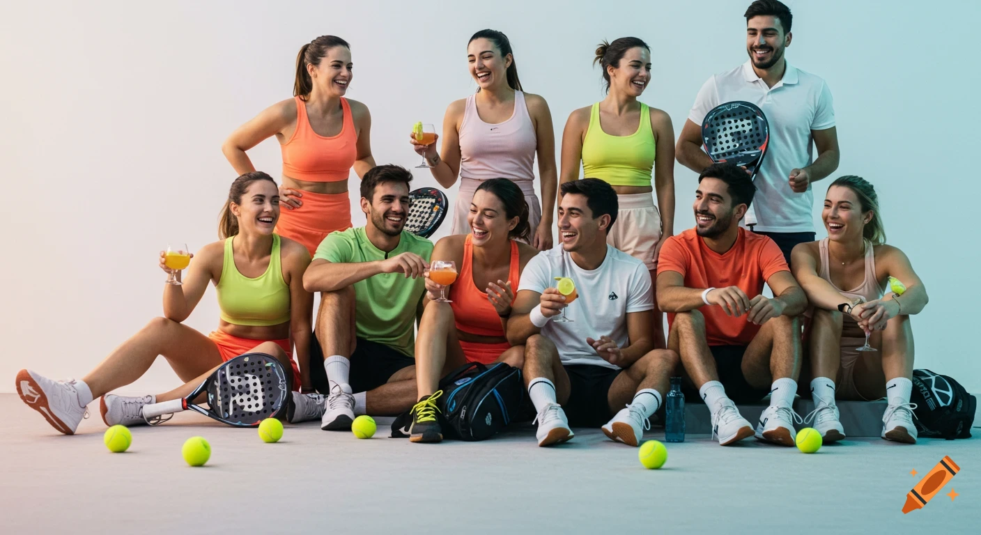 A cheerful, diverse group of friends in sportswear relax and laugh together on the floor after a padel game. Photorealistic.