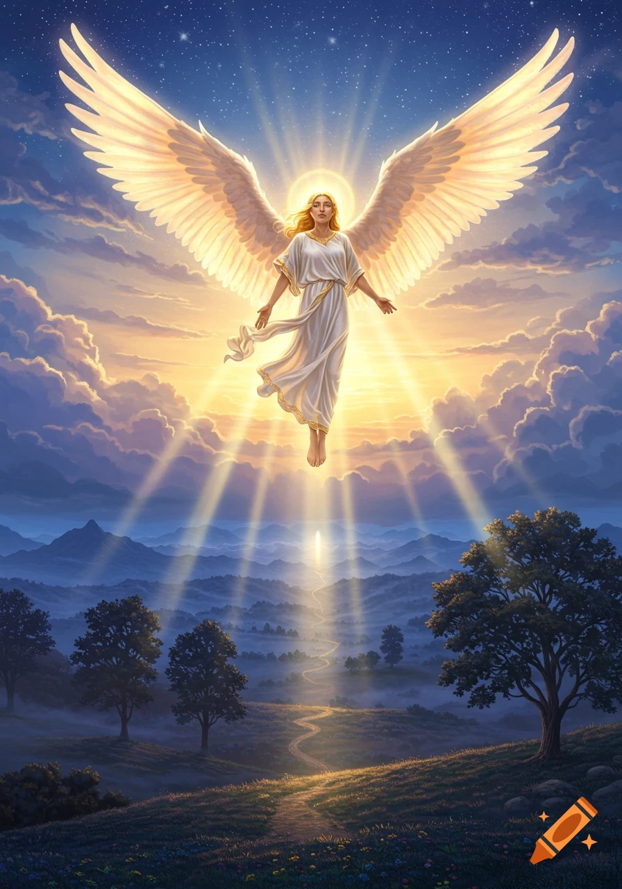A radiant angel with large white wings floats in a starry sky above a serene mountain landscape and a winding path, bathed in golden light.