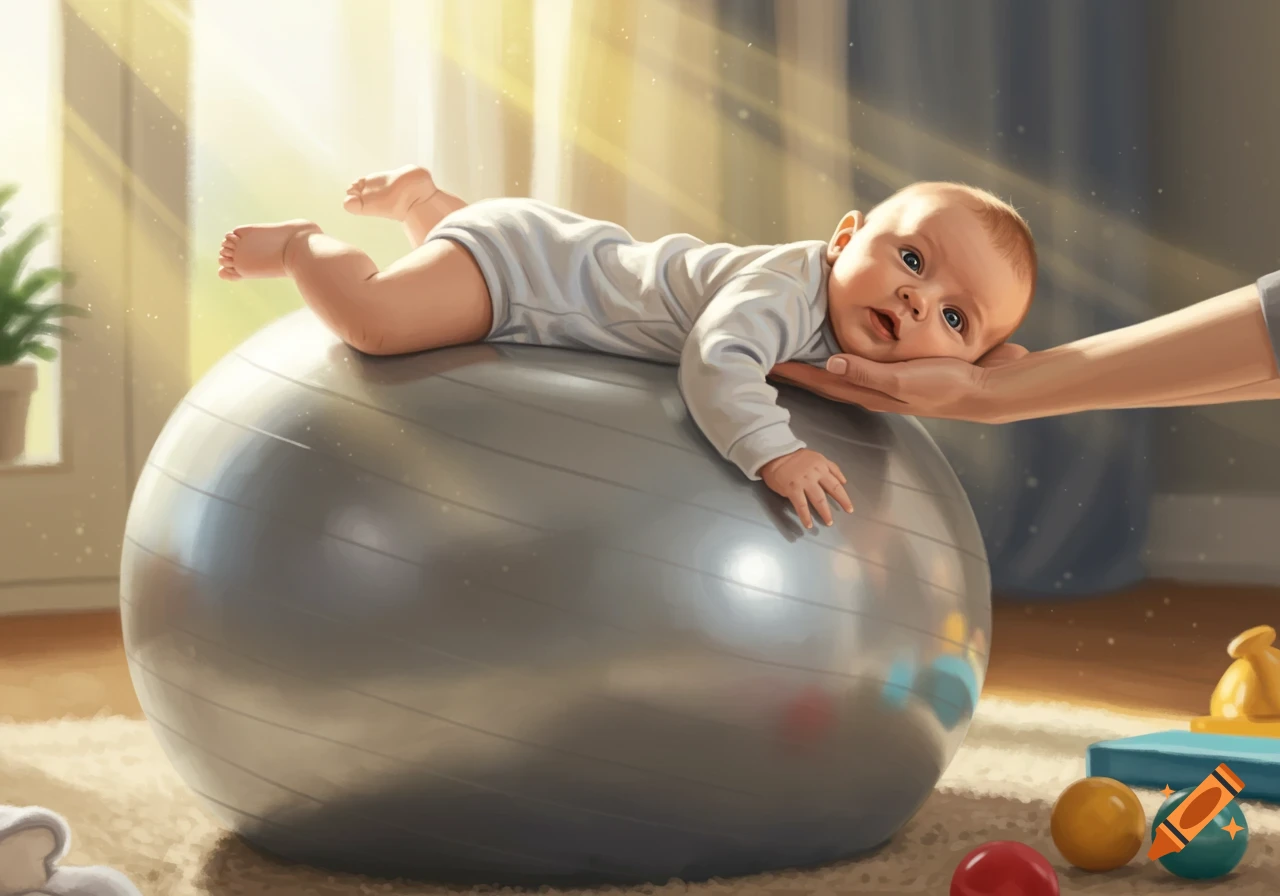 A baby in a white onesie doing tummy time on a silver exercise ball, supported by an adult's hand, in a sunlit room.