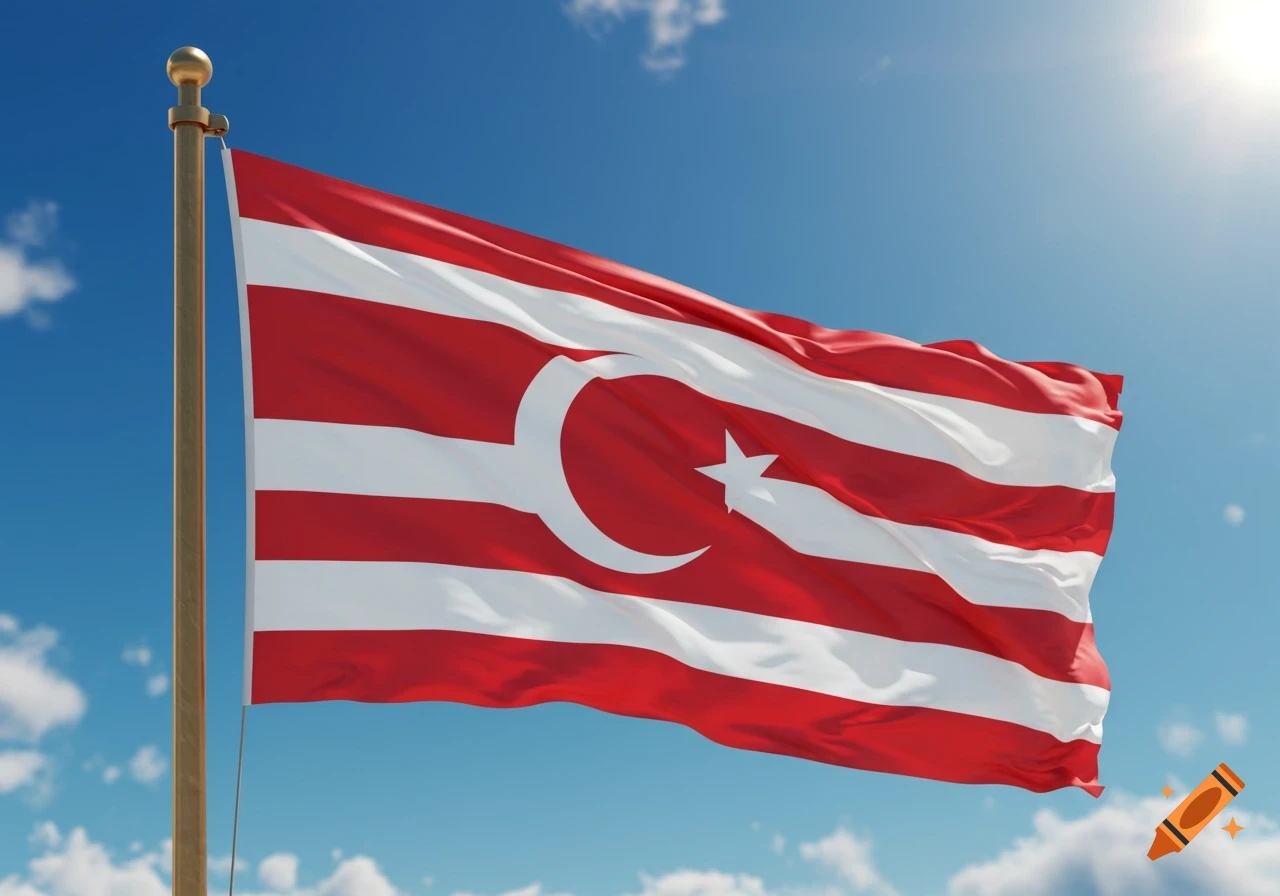 A red and white striped flag with a white crescent moon and star, waving against a clear blue sky with a sun flare.