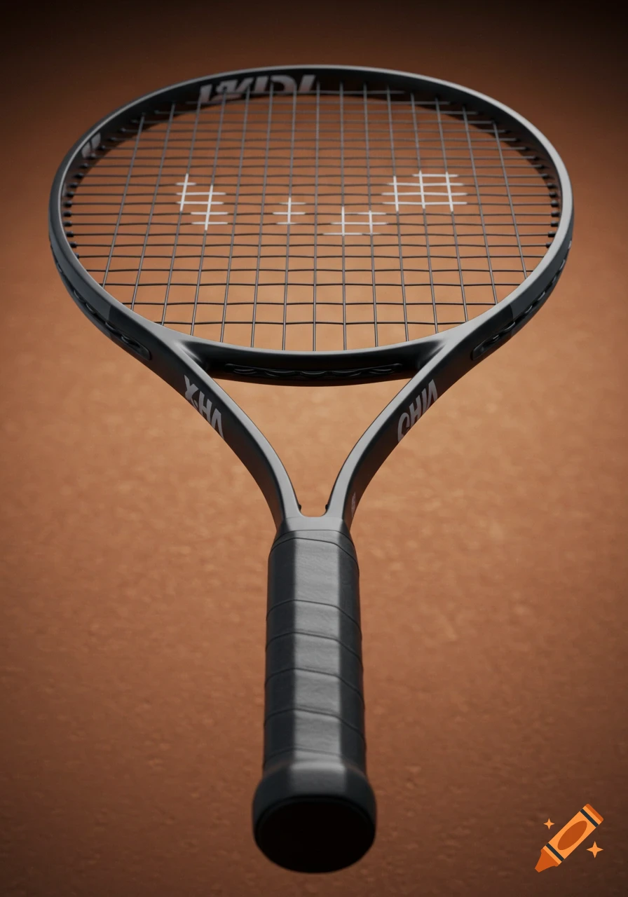 A photorealistic close-up of a black tennis racket with a smooth grip, angled against a brown background.
