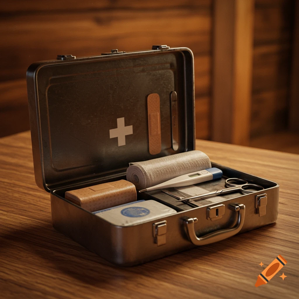A photorealistic image of an open metal first aid kit sitting on a wooden table, filled with bandages, a thermometer, scissors, and other medical supplies.
