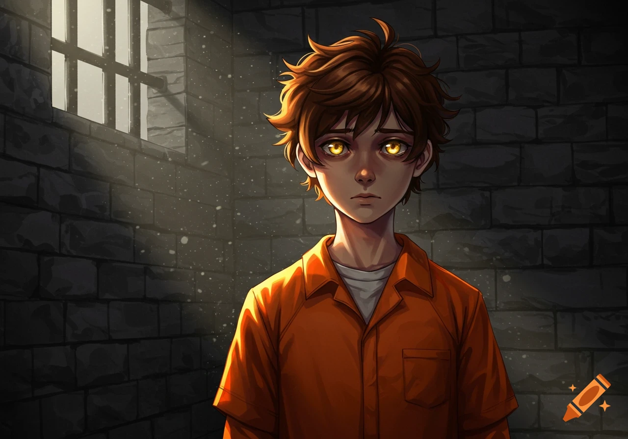 Anime boy with brown hair, glowing yellow eyes, in an orange prison jumpsuit in a dimly lit cell with a barred window.