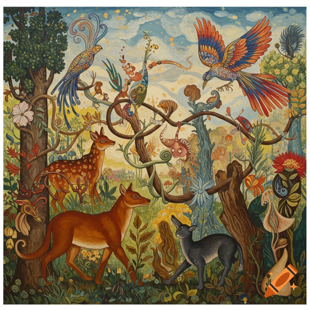 A vibrant, dreamlike painting of a surreal forest scene with ornate birds, deer, and other whimsical creatures amidst lush foliage.