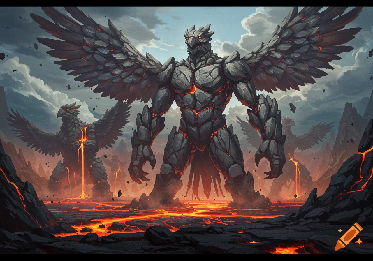 Giant rock bird monsters with glowing lava veins stand in a desolate volcanic landscape under a cloudy sky, digital art.