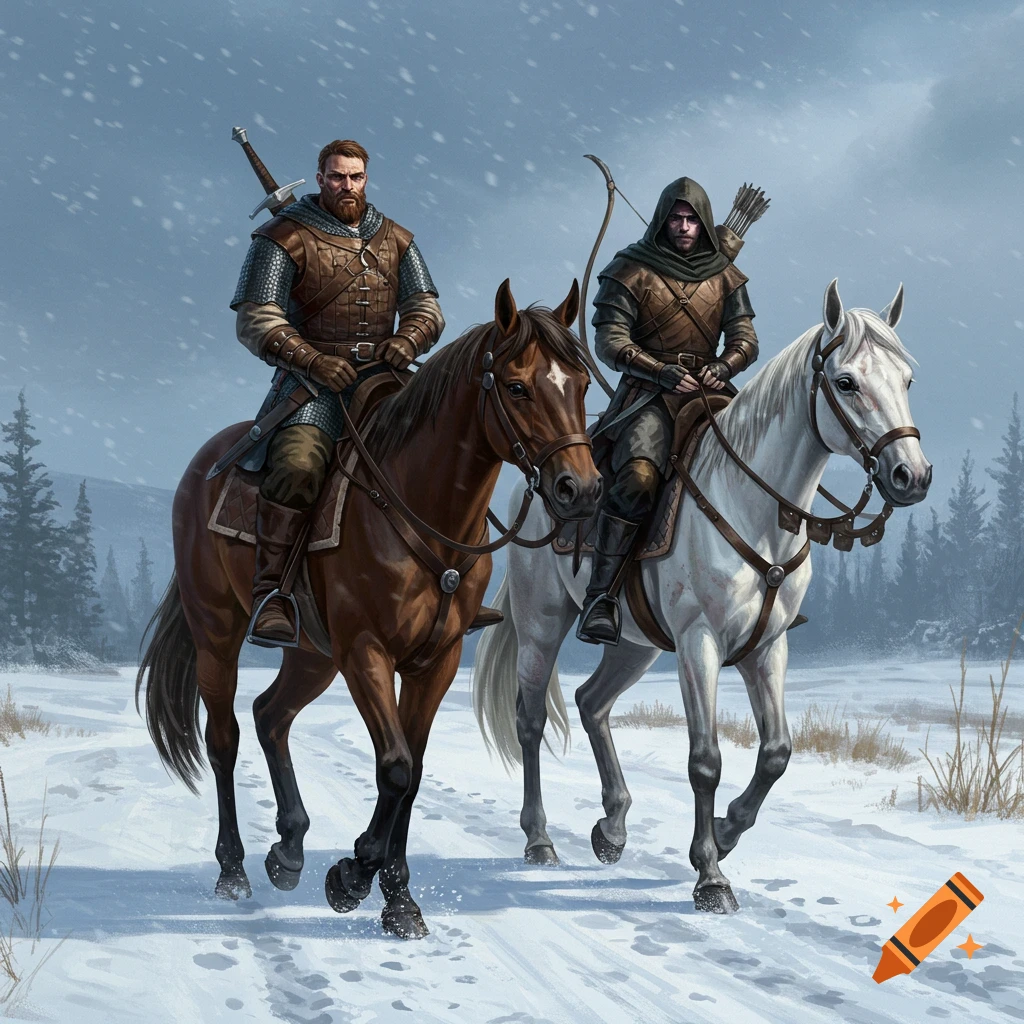 Two armored men with beards ride a brown and a white horse on a snowy road through a snowy forest, in a photorealistic fantasy style.