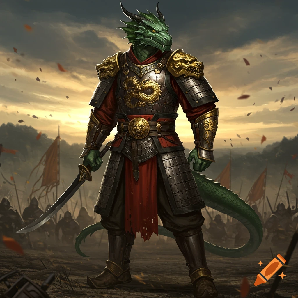 A fierce green dragon-born soldier in detailed Ming Dynasty-style armor stands on a battlefield at sunset, holding a sword.