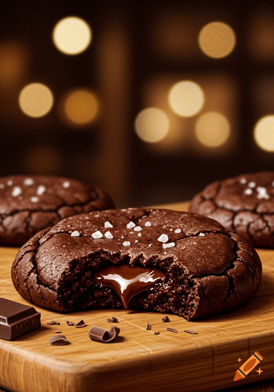 Photorealistic image of a dark chocolate cookie with a molten center and sea salt, on a wooden board with chocolate pieces.