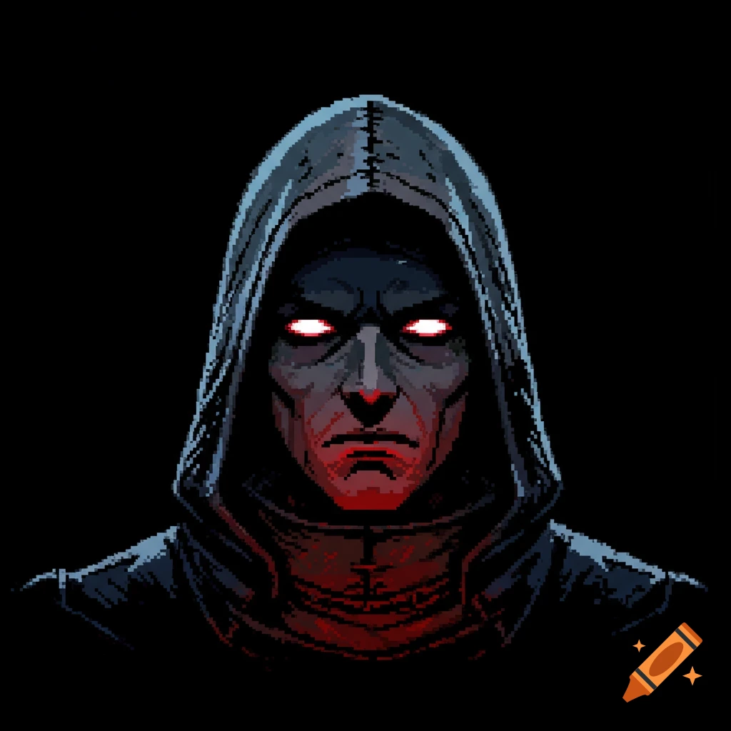 A grim, cloaked figure with glowing red eyes in dark pixel art style against a black background.