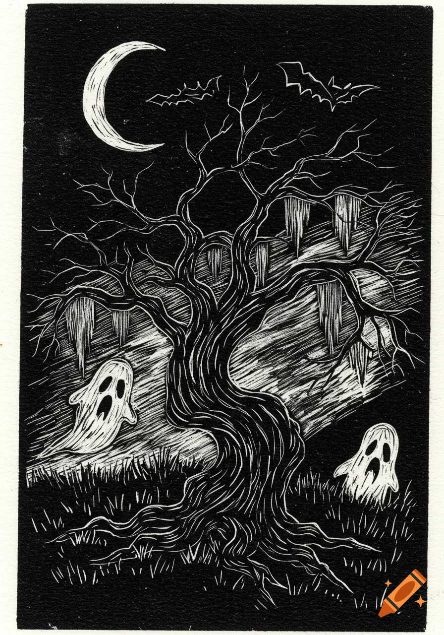 Spooky linocut illustration of a twisted tree with icicles, two ghosts, bats, and a crescent moon against a dark sky.