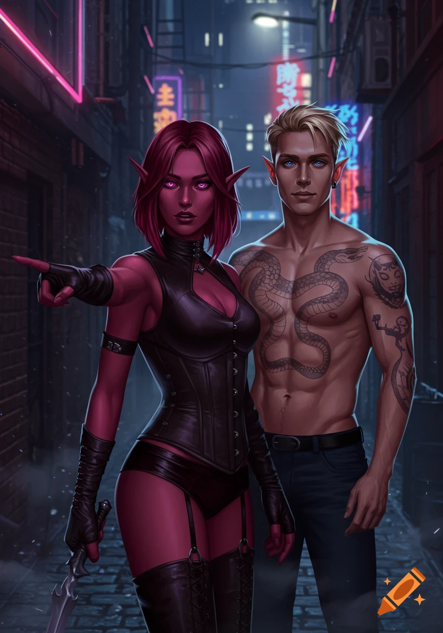 An elf woman with red skin and hair in a leather corset points next to a shirtless tattooed man in a neon-lit alley.