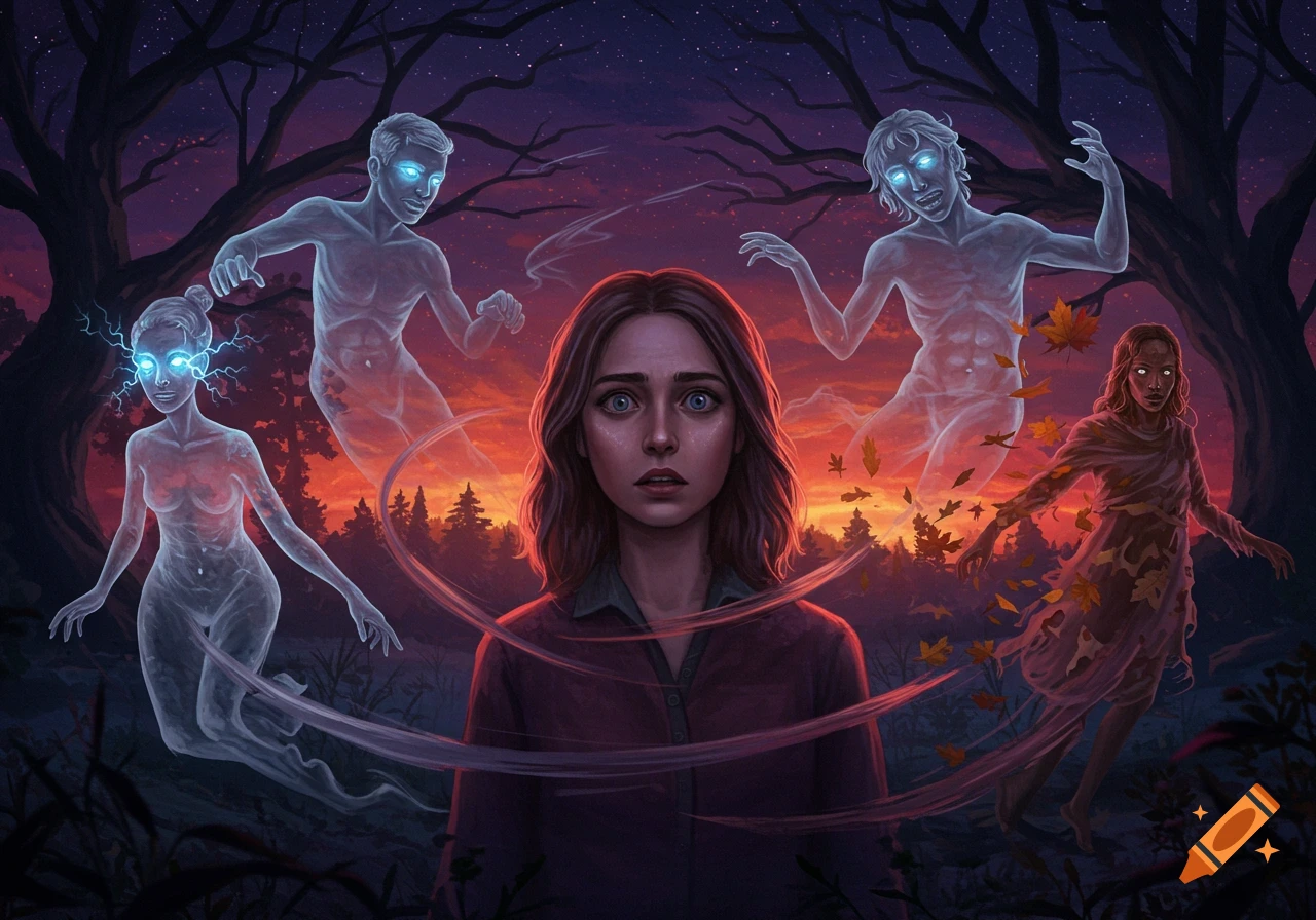 A young woman in a dark forest surrounded by glowing, transparent ghost figures against a sunset sky. Digital painting.