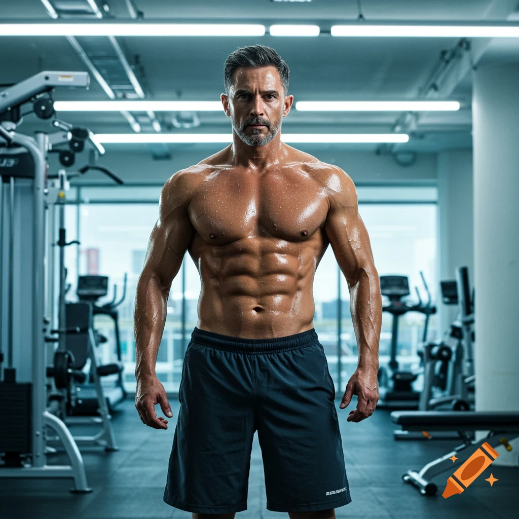 A muscular, sweat-covered man with a beard and short dark hair poses in a brightly lit gym.