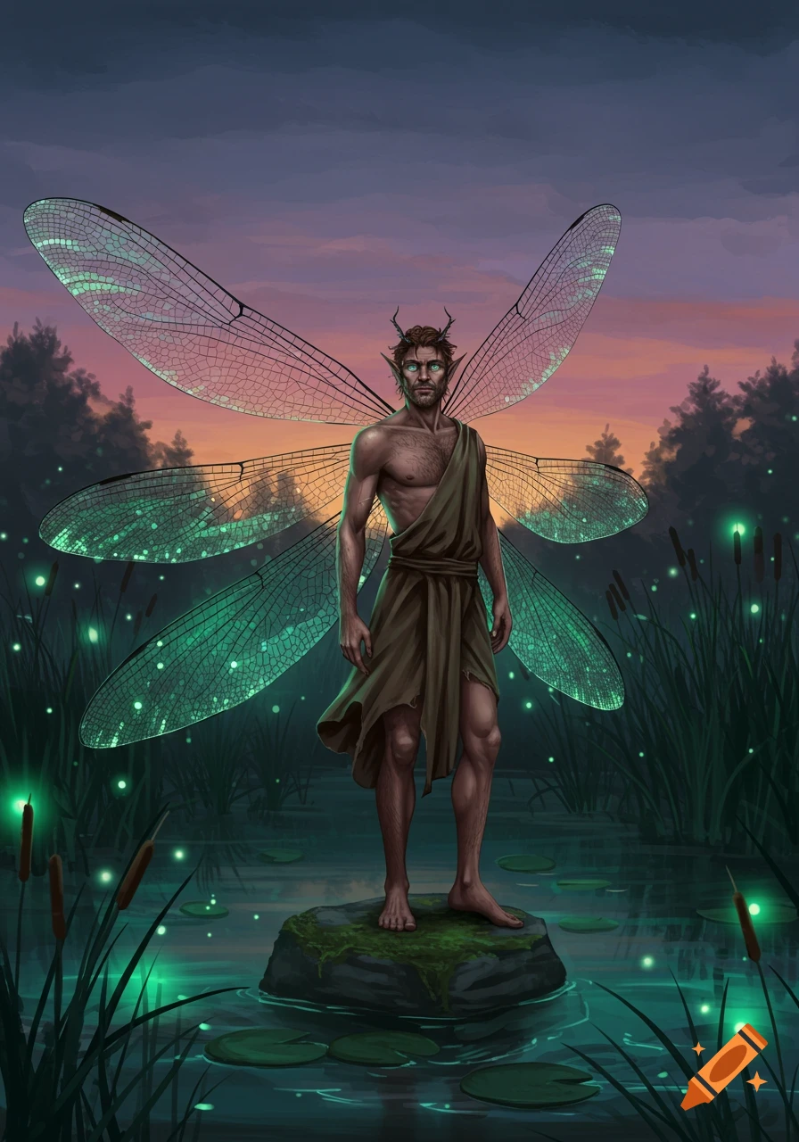 A male dragonfly demi-human with horns and green eyes stands on a mossy rock in a glowing twilight swamp with fireflies.