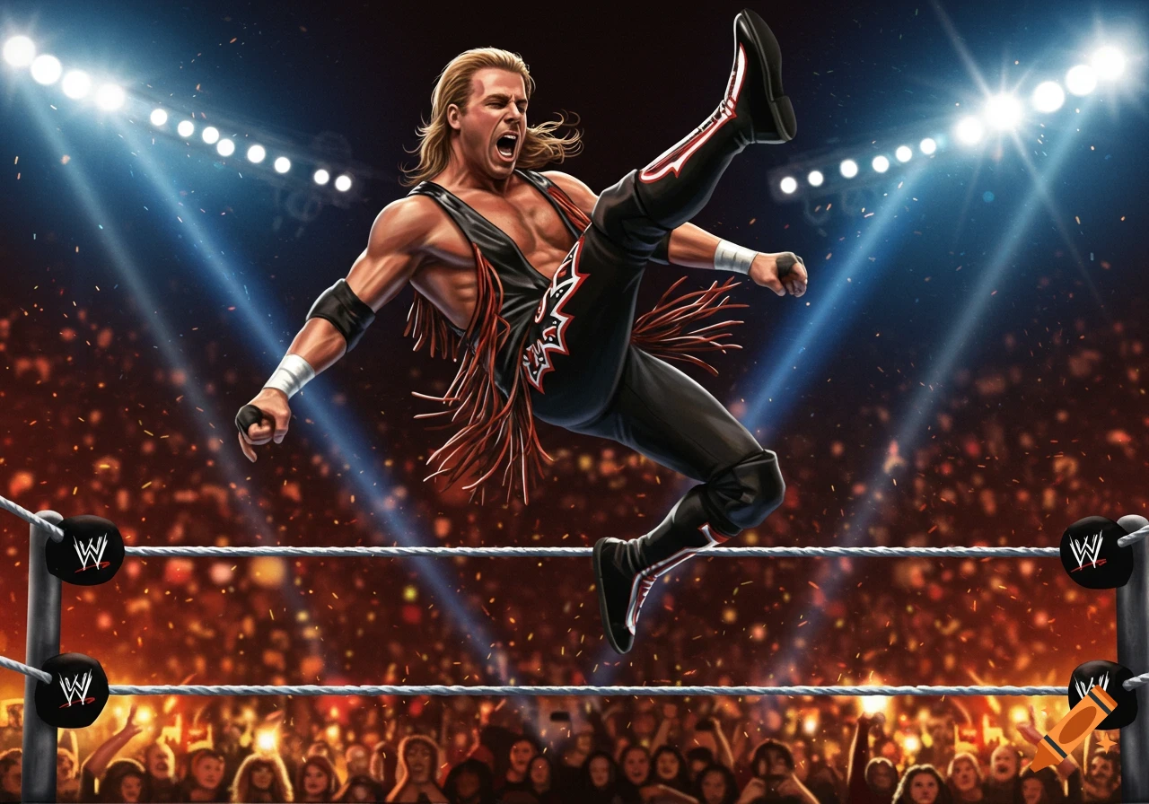 An energetic illustration of a muscular wrestler resembling Shawn Michaels mid-air, leg raised for a kick, in a brightly lit ring before a cheering crowd. WWE logos are visible on the turnbuckle.