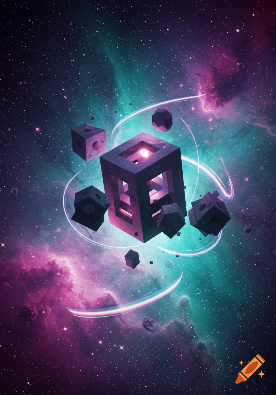 Geometric cubes and shapes float in a vibrant purple and teal cosmic nebula with glowing light streaks.