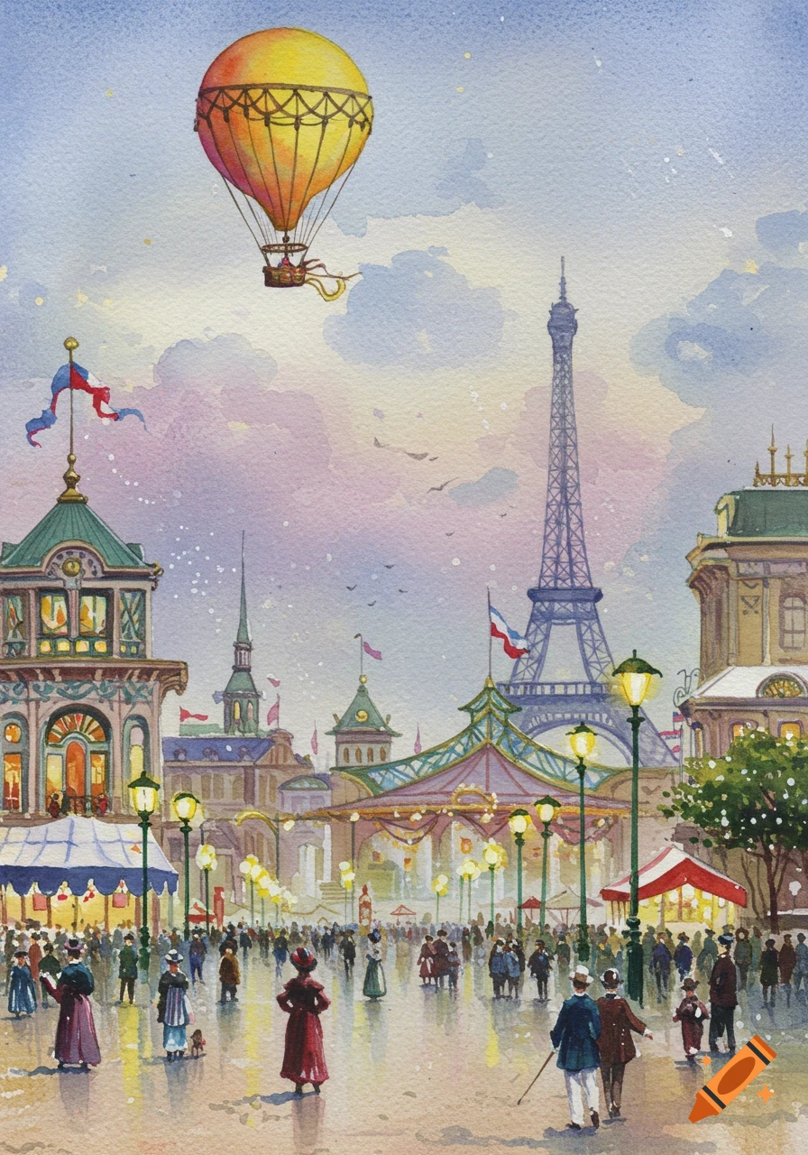 Watercolor of the 1889 Paris World's Fair featuring the Eiffel Tower, a hot air balloon, and a bustling crowd.
