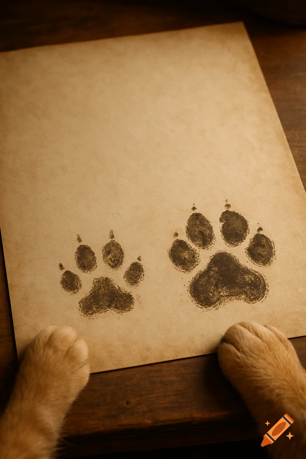 Two dark paw prints, one smaller and one larger, on a sepia-toned paper, with two fluffy orange cat paws at the bottom.