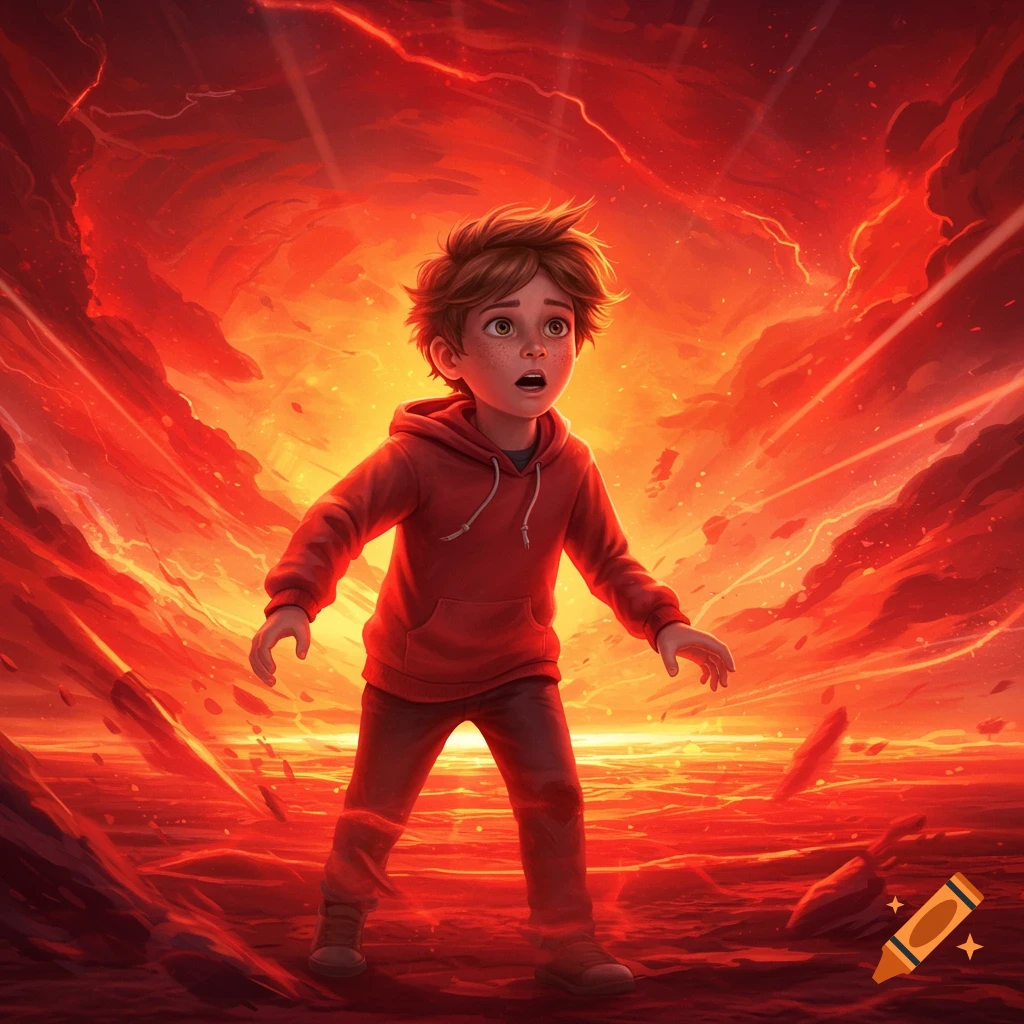 A young boy with a surprised expression stands in a vibrant, hellish red landscape, digital art.