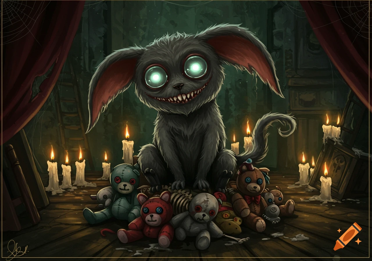 A creepy, grey, fluffy creature with huge glowing eyes and a wide, toothed grin sits surrounded by lit candles and stitched teddy bears on a wooden floor in a dark room.