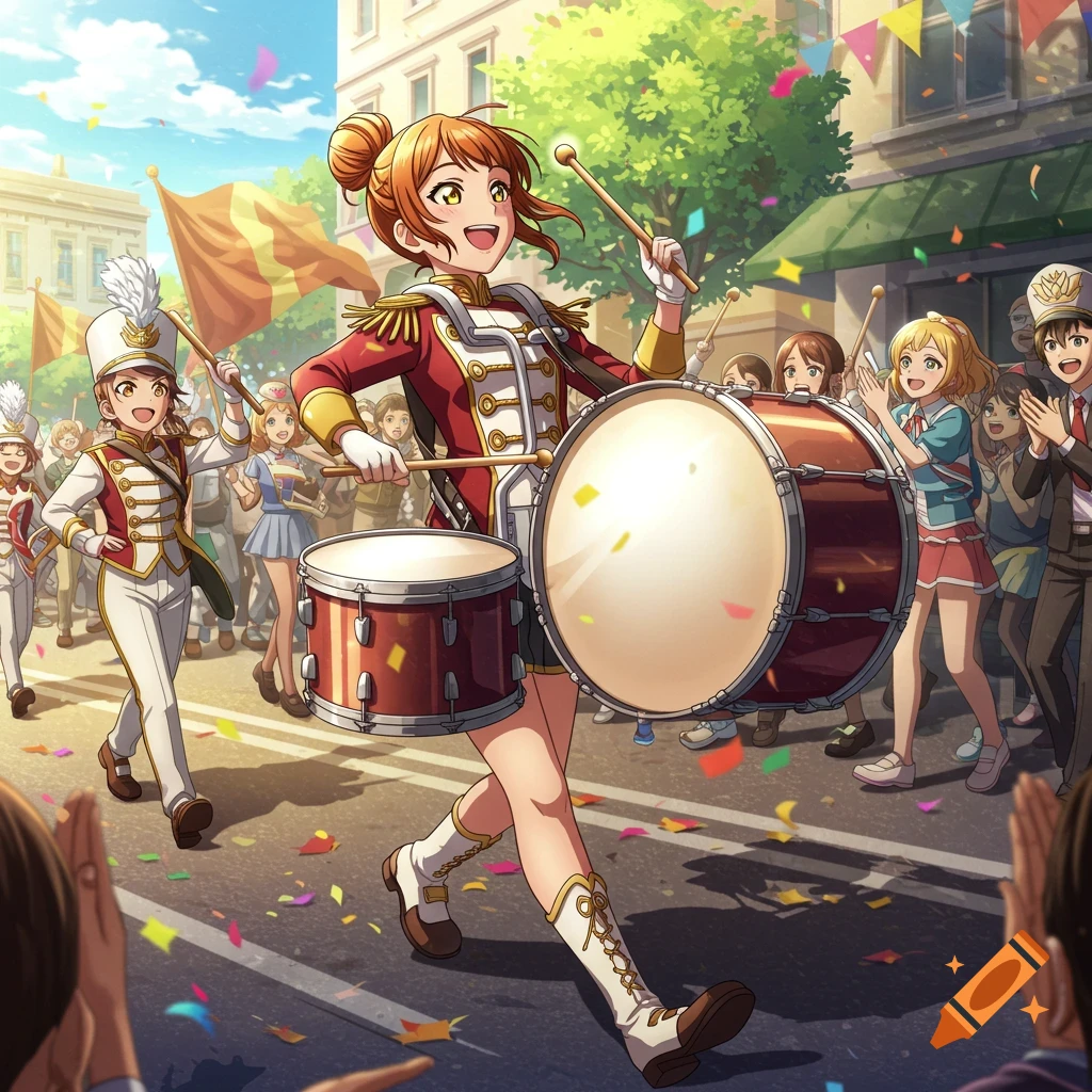 An anime girl in a red and white marching band uniform plays a bass drum during a lively street parade, surrounded by other band members and confetti.