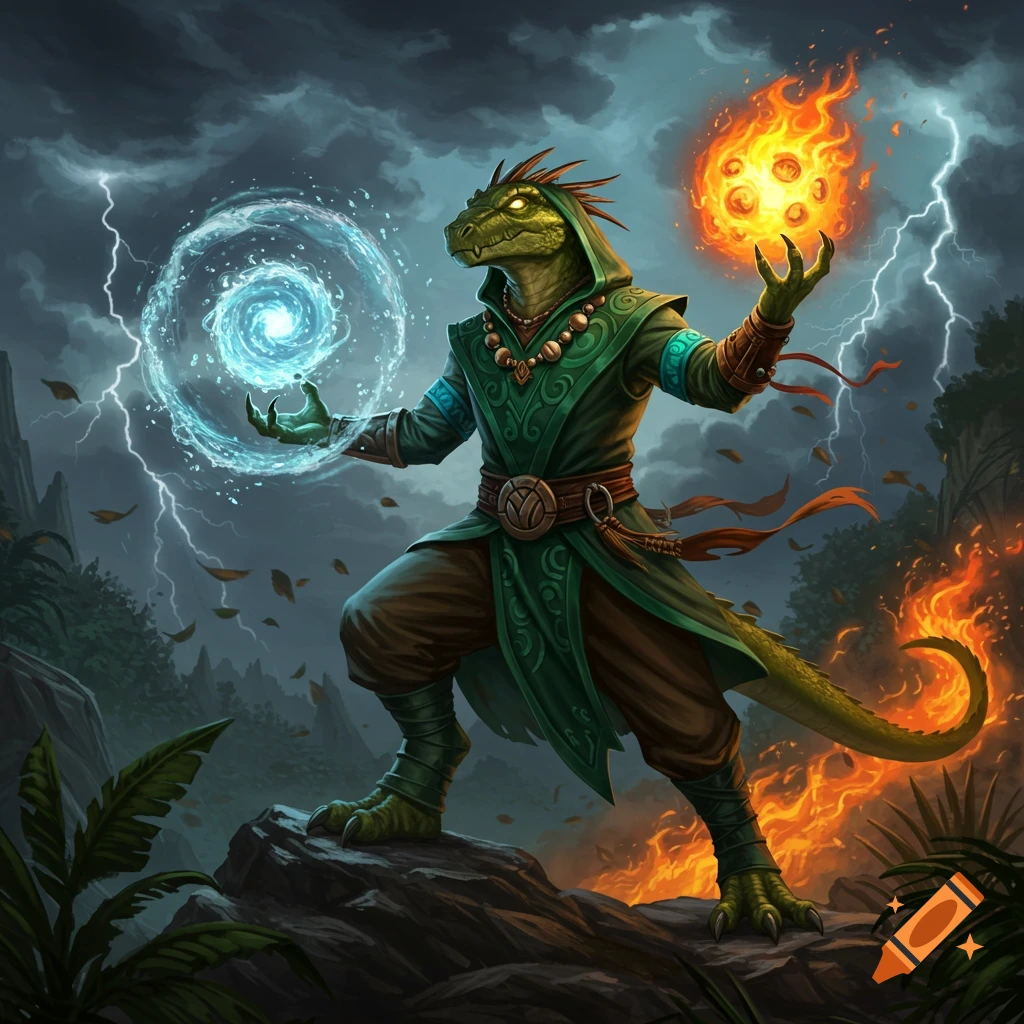 A green lizardfolk elementalist conjures swirling water and a fire orb, standing on a rock amidst lightning and jungle foliage.