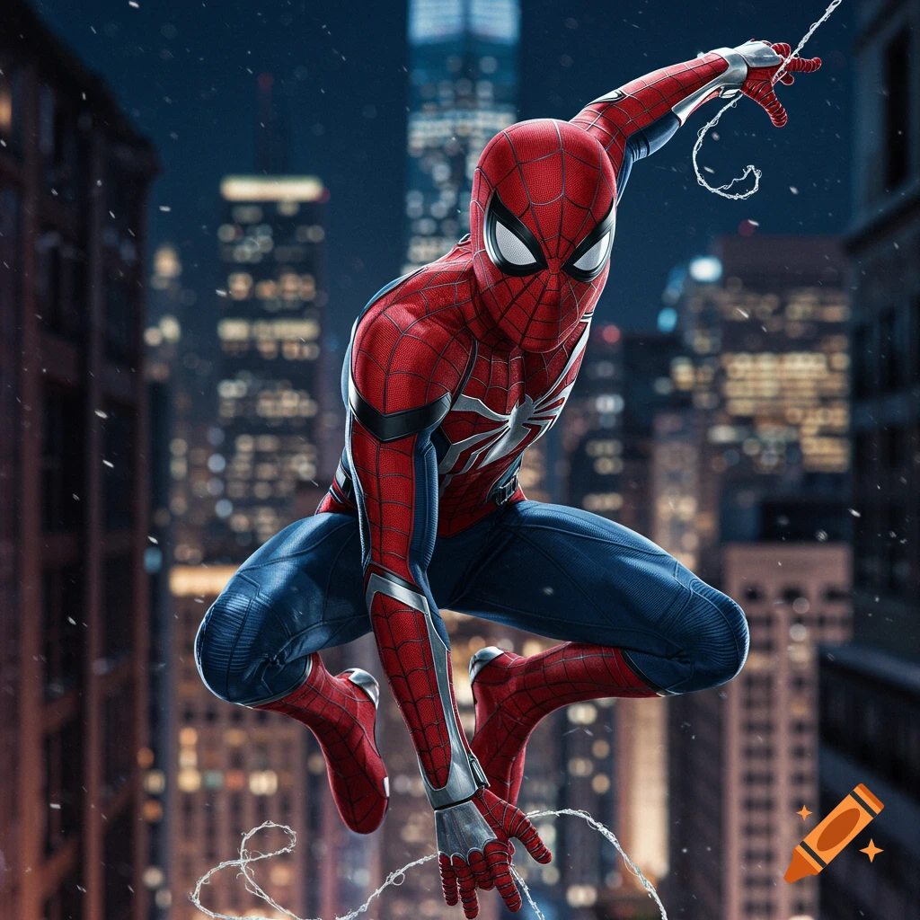 Spider-Man in his Advanced Suit mid-swing at night against a blurred city skyscraper background.