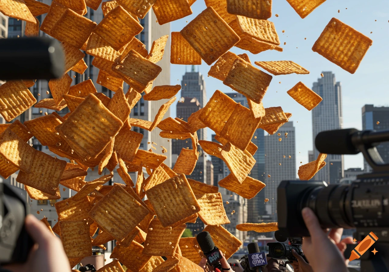 Photorealistic image of many square ripple chips falling from the sky over a city skyline, with news reporters holding microphones and a camera.