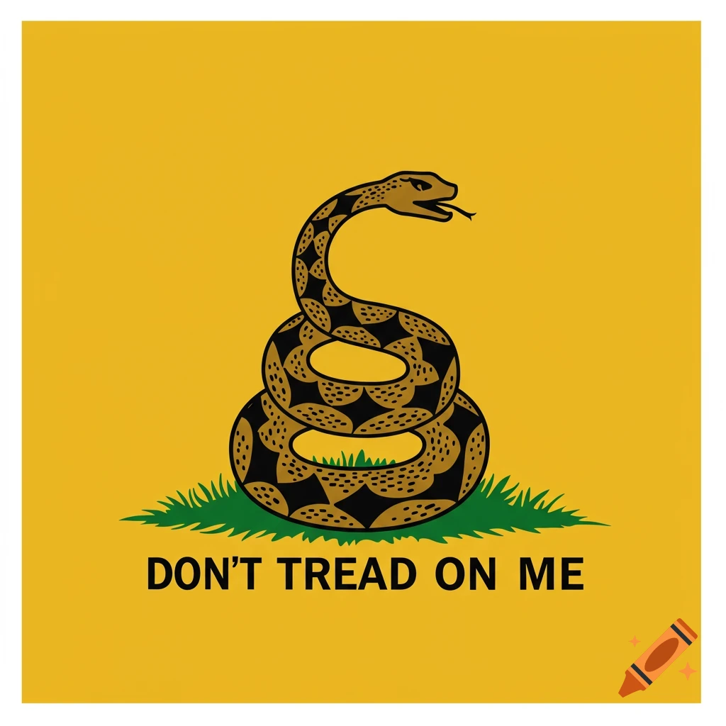 A Gadsden flag with a coiled rattlesnake on a patch of grass against a bright yellow background. Below the snake, the words "DON'T TREAD ON ME" are written in black capital letters.