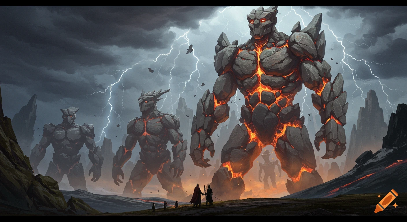 Massive rock golems with glowing cracks stand under a stormy, lightning sky, towering over tiny human figures in a dark, volcanic landscape.