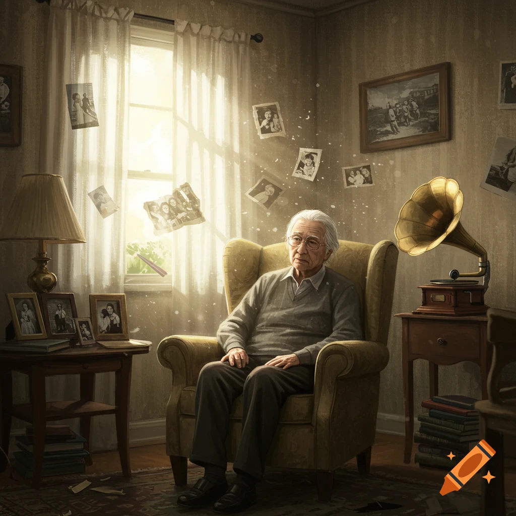 An elderly man with white hair and glasses sits contemplatively in a sunlit armchair, surrounded by old photographs floating in the air in a detailed room.