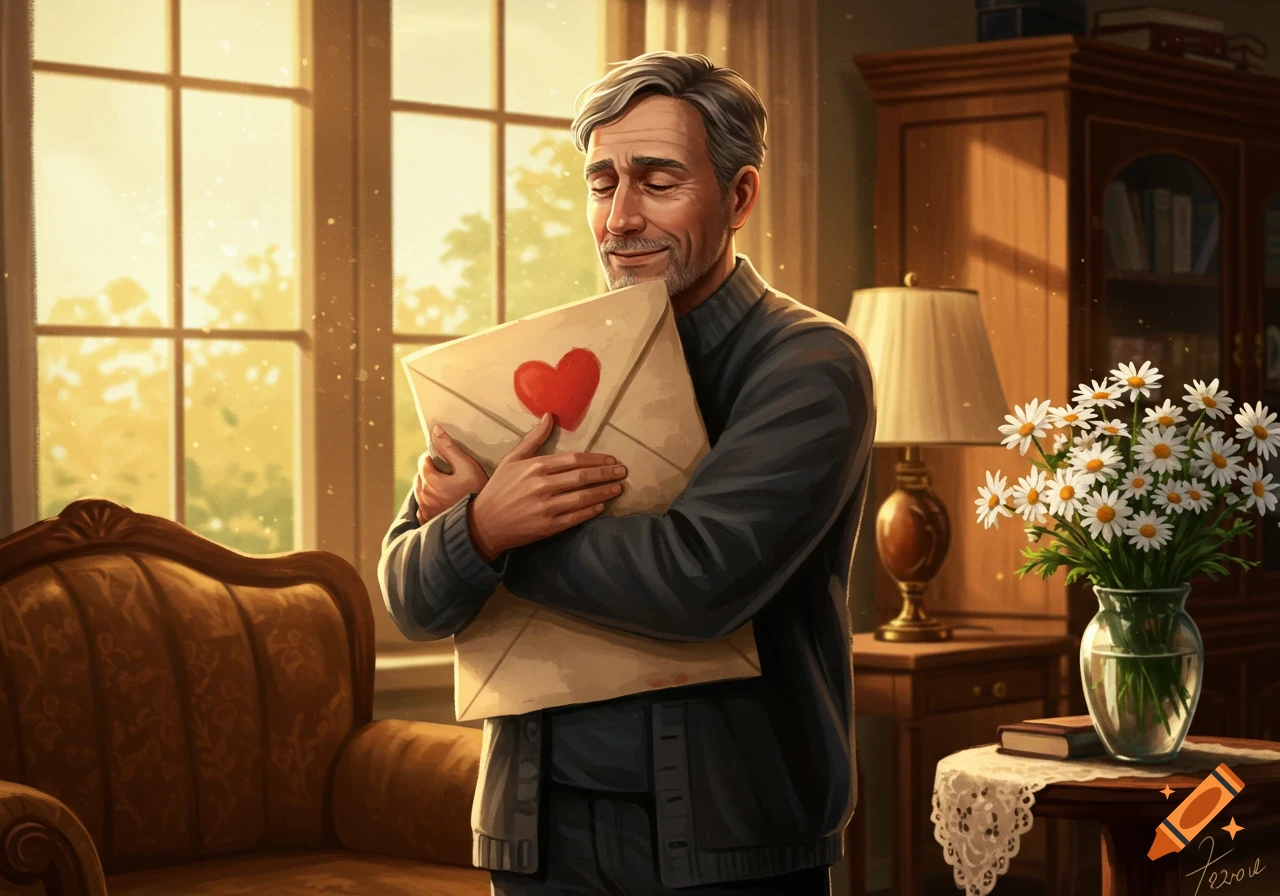 Grey-haired man with closed eyes happily hugs a large envelope with a red heart in a warm, sunlit room, illustration.