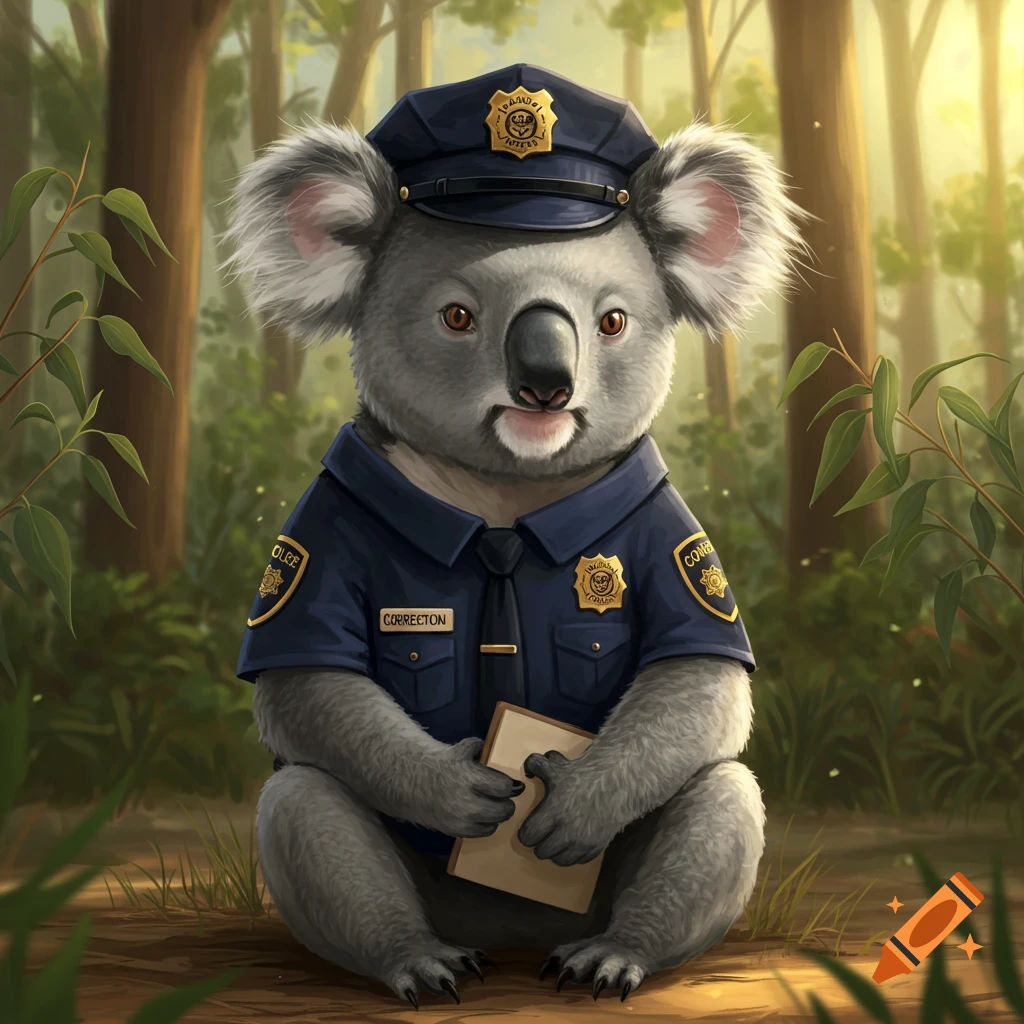 A cute koala dressed as a police officer in a blue uniform and hat sits in a sunlit forest, holding a notepad.