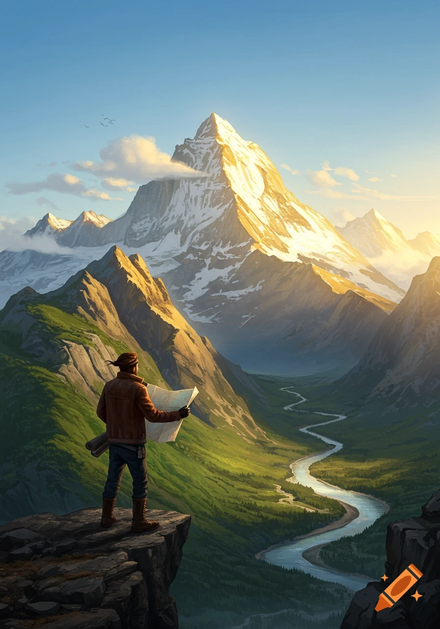 A person stands on a cliff, holding a map, overlooking a vast mountain range, a green valley, and a winding river under a clear sky.