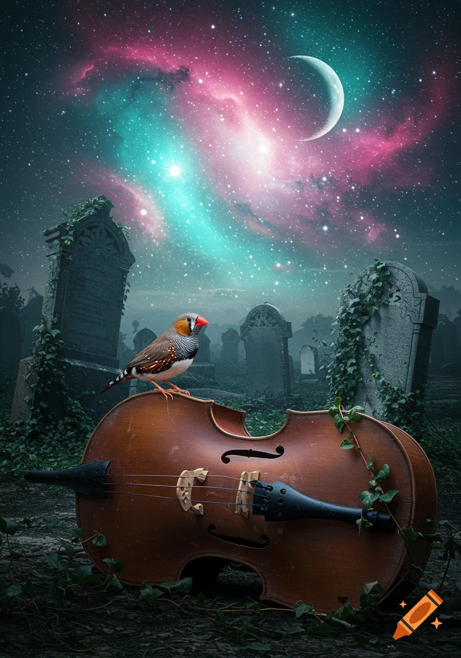 A zebra finch perches on an old cello in a foggy graveyard under a vibrant, starry night sky with a crescent moon.