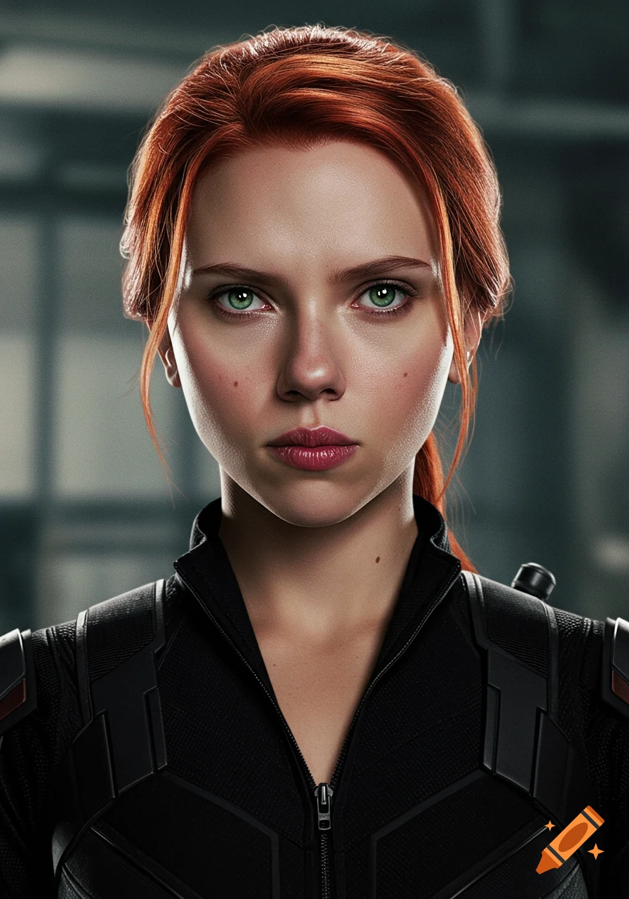 Photorealistic portrait of a woman with red hair and green eyes in a black tactical suit.