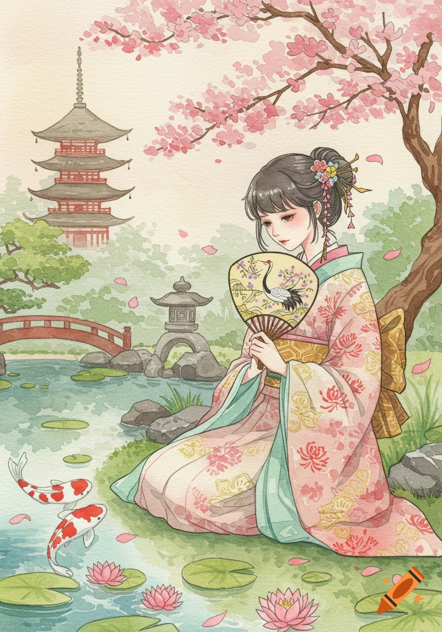Watercolor of a woman in a pink kimono in a Japanese garden with a pagoda, cherry blossoms, koi fish, and lotus flowers.