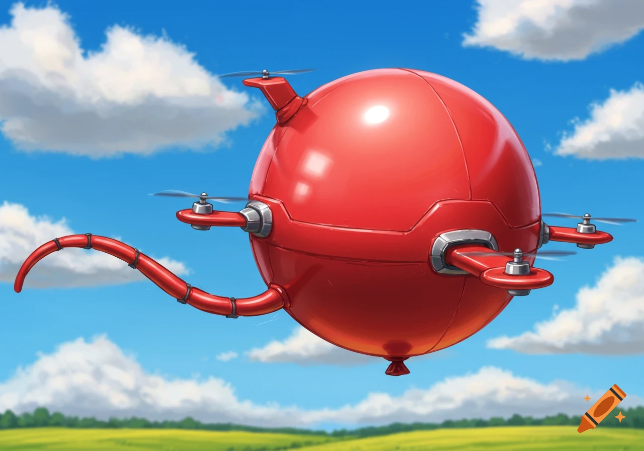 A cartoon red airhead balloon drone with propellers and a tail flies through a blue sky over a green landscape.