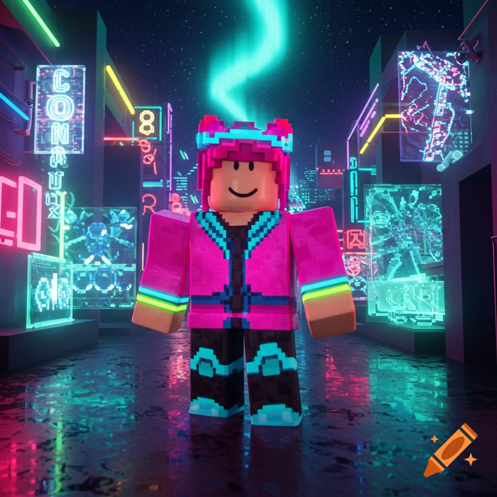 A vibrant Roblox character with pink hair and a neon-accented outfit stands on a wet cyberpunk city street, surrounded by glowing signs and reflections.