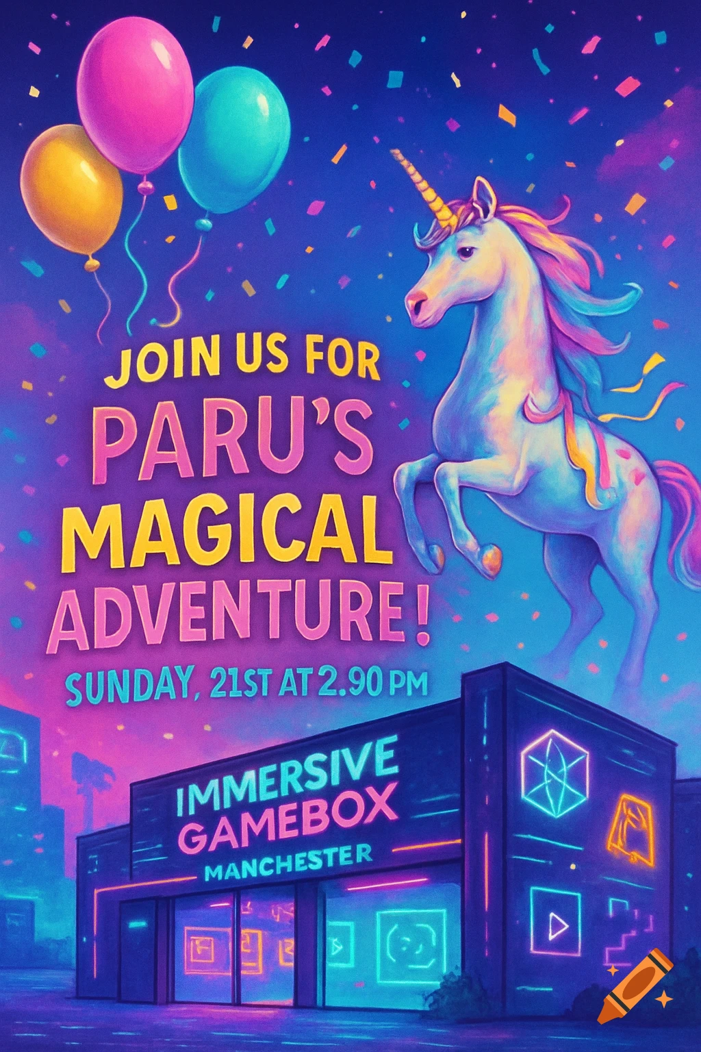 Vibrant birthday invitation with a unicorn, balloons, confetti, and an "Immersive Gamebox" building under a neon-lit sky.