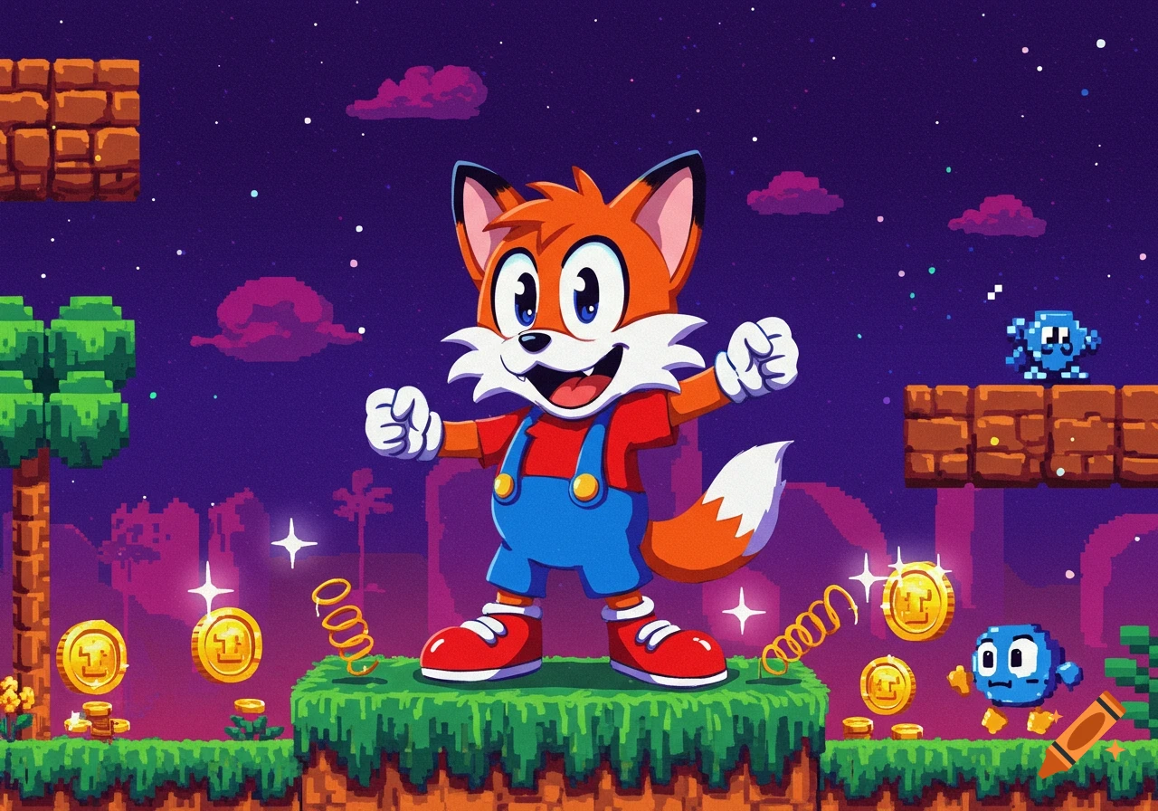 A happy cartoon fox in red and blue overalls stands on a grassy platform in a pixel art video game level, surrounded by golden coins and pixelated enemies.